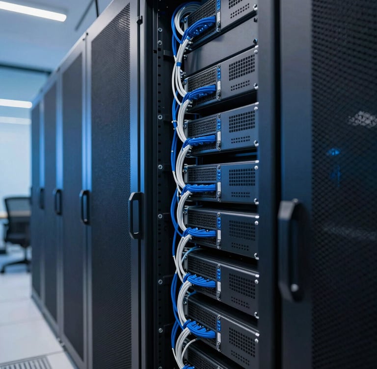 Crisp corporate photography of a modern Dubai server room, cool blue ambient light, tidy server racks with blue and white cabling, sharp focus, professional 35mm lens.