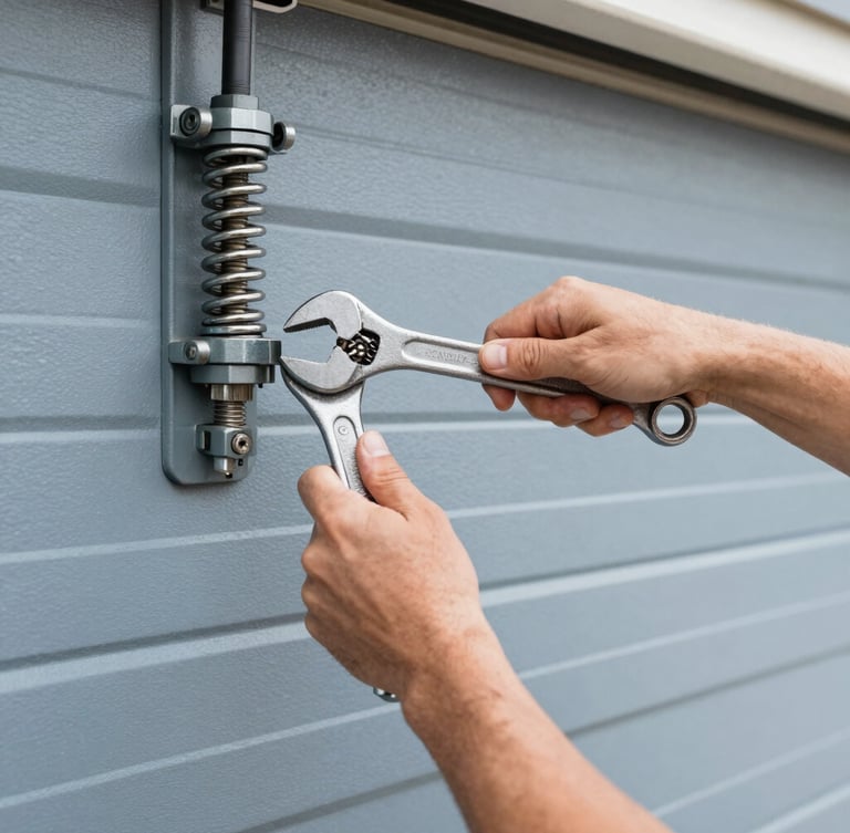Close-up of a technician's hands using heavy-duty wrenches to adjust a steel torsion spring on a garage door shaft, bright natural garage lighting, 35mm