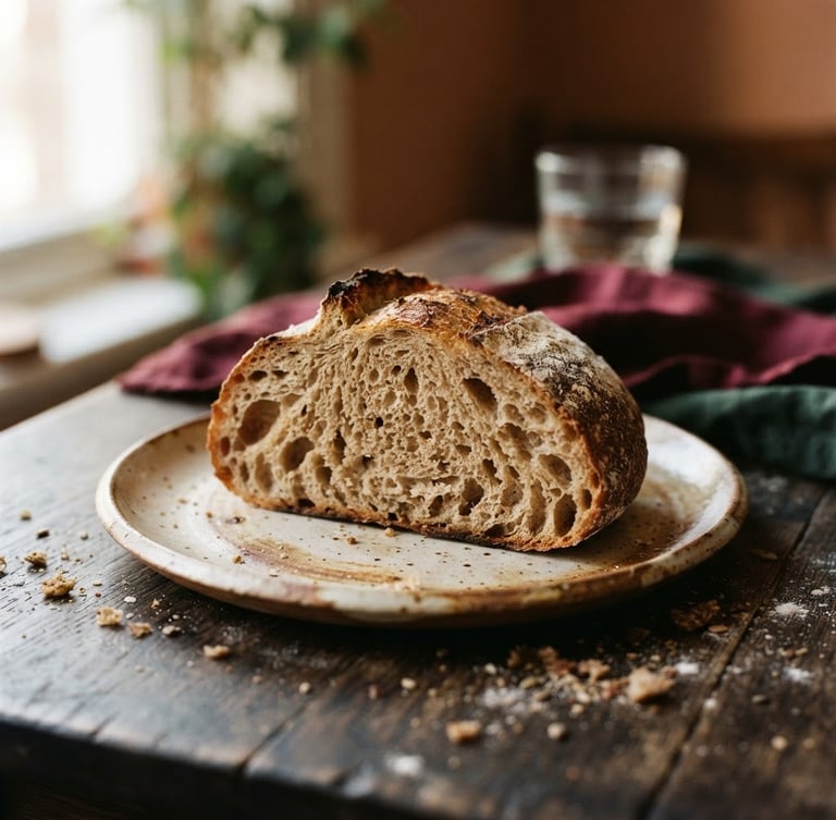 Close-up of a rustic sourdough bread slice on a ceramic plate, soft natural window light, crumbs on a dark wood table, warm editorial food photography, shallow depth of field, 35mm