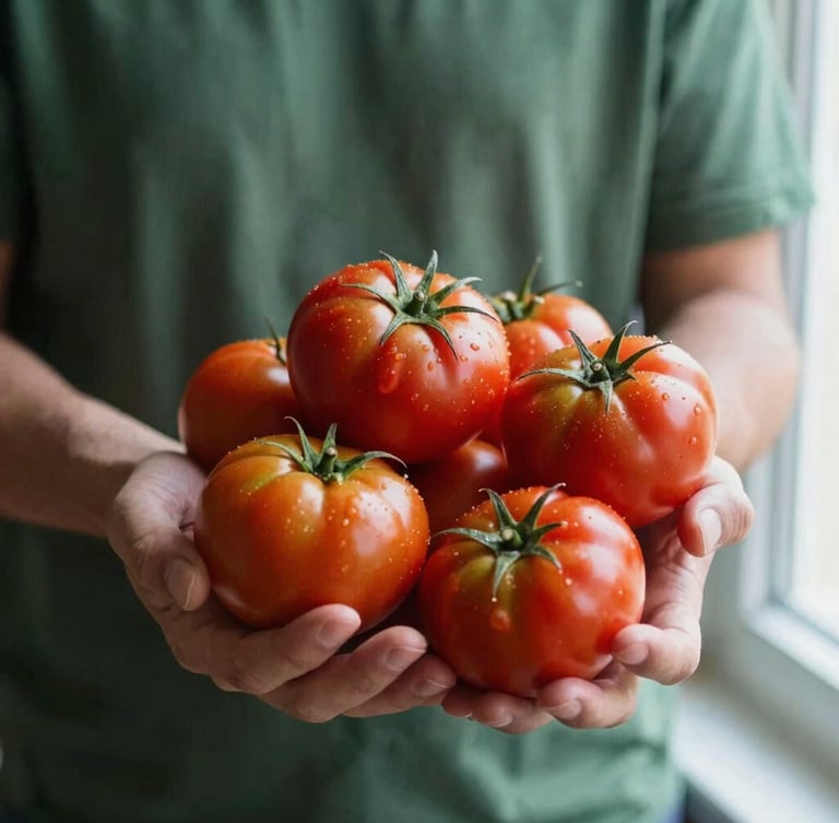 Hands of a local farmer holding freshly harvested heirloom tomatoes, soft window daylight, rich crimson and forest green tones, shallow depth of field, 35mm