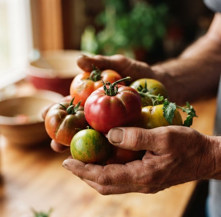 Close-up of weathered hands holding freshly harvested organic heirloom tomatoes, soft window daylight, rich warm tones, 35mm photography