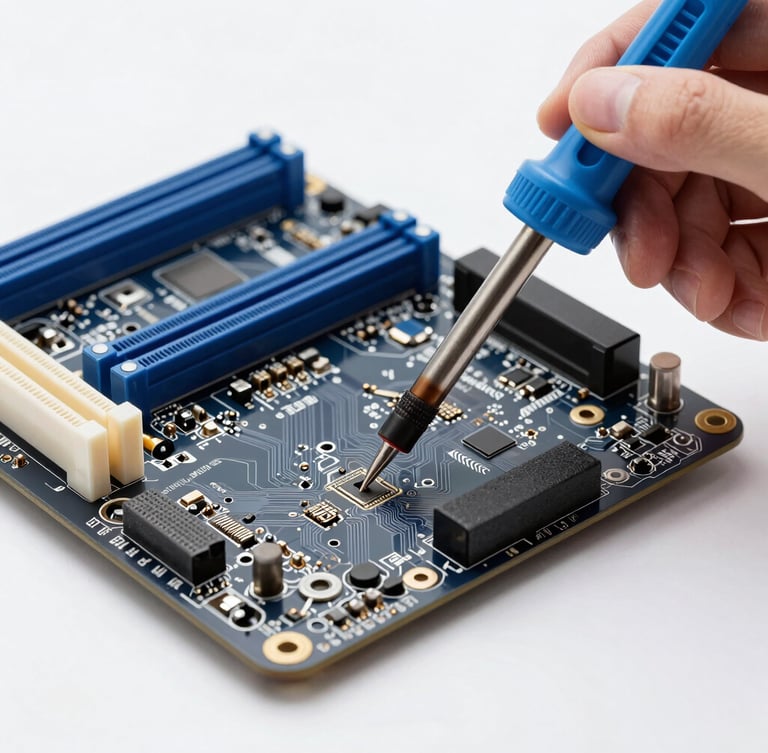 Macro shot of a clean motherboard repair, a technician using a soldering iron under bright clean studio lighting, cool slate and navy tones, sharp focus on the circuit board, 50mm lens