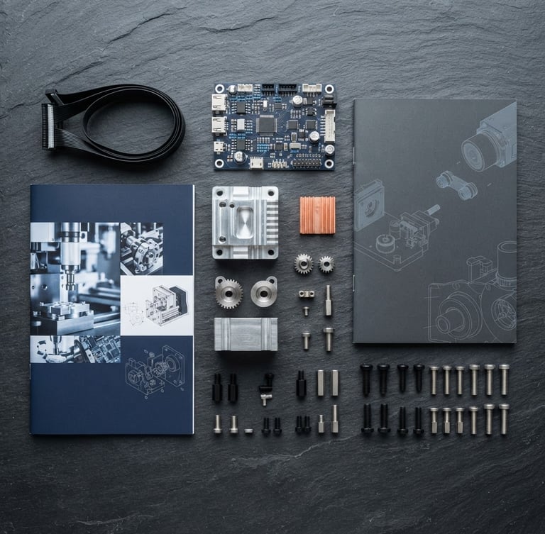 Overhead flat-lay of clean system spare parts and high-quality printed brochures on a dark slate background, bright clean studio lighting, 50mm lens