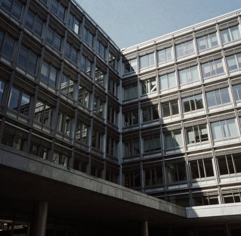 Low-angle architectural shot of a brutalist steel and glass government ministry under harsh directional light, deep shadows, desaturated cool tones.