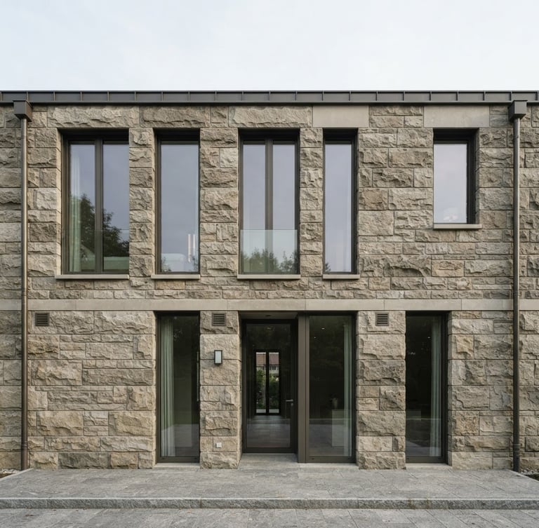 Flat-lay architectural elevation of a modern stone facade, natural overcast daylight, sharp focus, 50mm lens, tactile stone texture