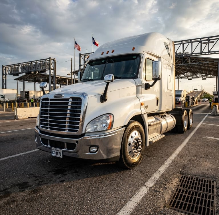 Dramatic low-angle shot of a clean commercial semi-truck parked at the Laredo border crossing, high-contrast morning light reflecting off metallic steel surfaces, sharp industrial photography