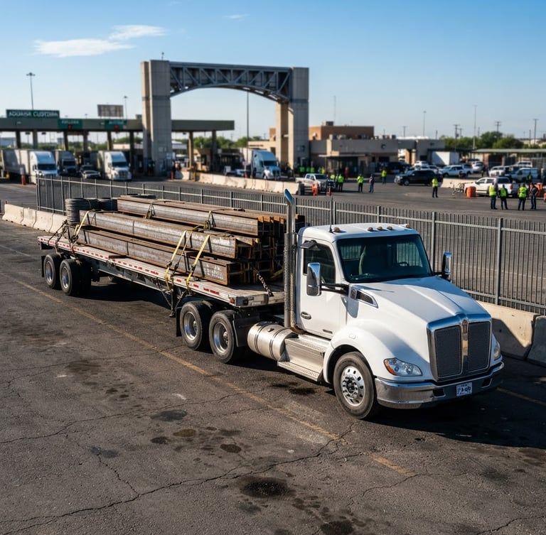 Sharp industrial photography of a clean commercial flatbed truck loaded with steel cargo, parked at the Laredo border facility under hard morning sun, metallic surfaces reflecting light, 35mm lens.