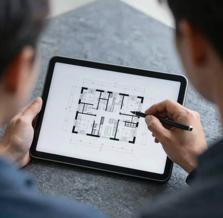 Over-the-shoulder shot of an estimator analyzing a detailed architectural blueprint on a tablet screen, cool slate tones, sharp focus, 35mm