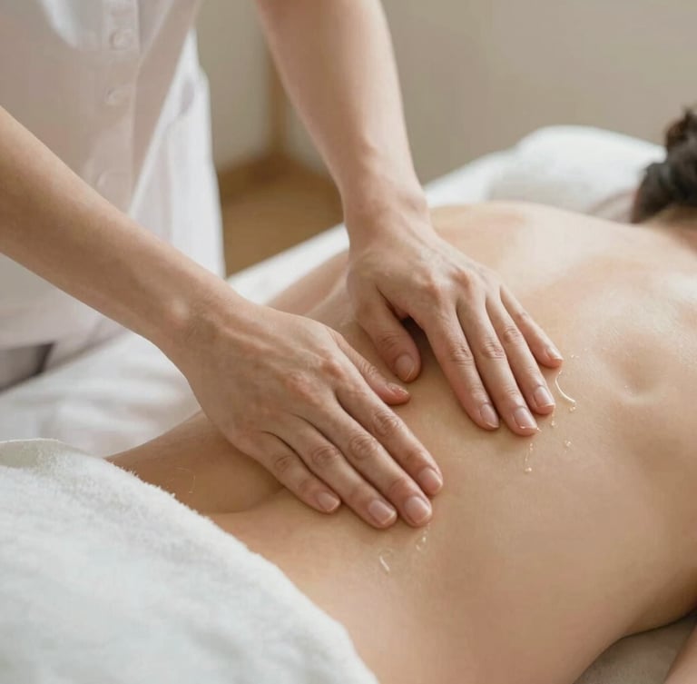 Close-up of professional therapist hands applying organic warm oil on a client back, soft lighting, clean white linen sheets, warm editorial photography