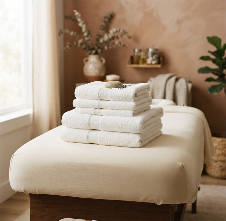 Medium close-up of folded soft white towels on a professional massage table, warm diffused indoor lighting, elegant home interior, shallow depth of field