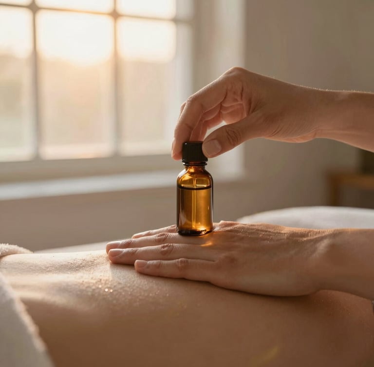 Close-up of hands gently applying natural massage oil from an amber glass bottle onto a clean surface, warm golden hour window light, serene atmosphere