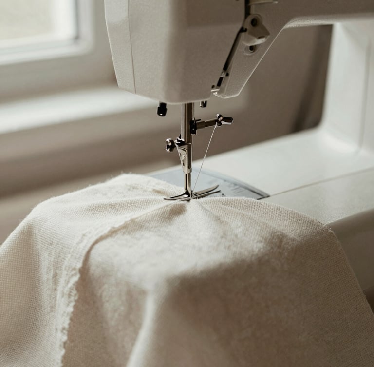 Macro photograph of a precise sewing machine needle stitching heavy ivory linen fabric with perfect tension, soft side-lit window daylight, desaturated warm tones, 35mm