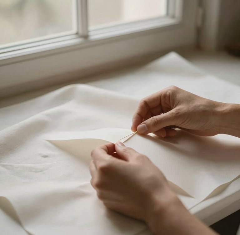Hands of an artisan carefully pinning a paper pattern onto soft ivory silk, warm diffused side-lighting, desaturated charcoal and warm ivory tones