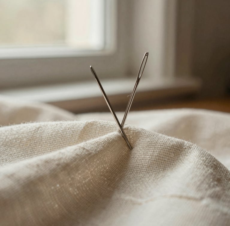 Extreme close-up of a silver sewing needle piercing heavy linen fabric, soft side-lit window daylight, shallow depth of field, 35mm warm editorial photography