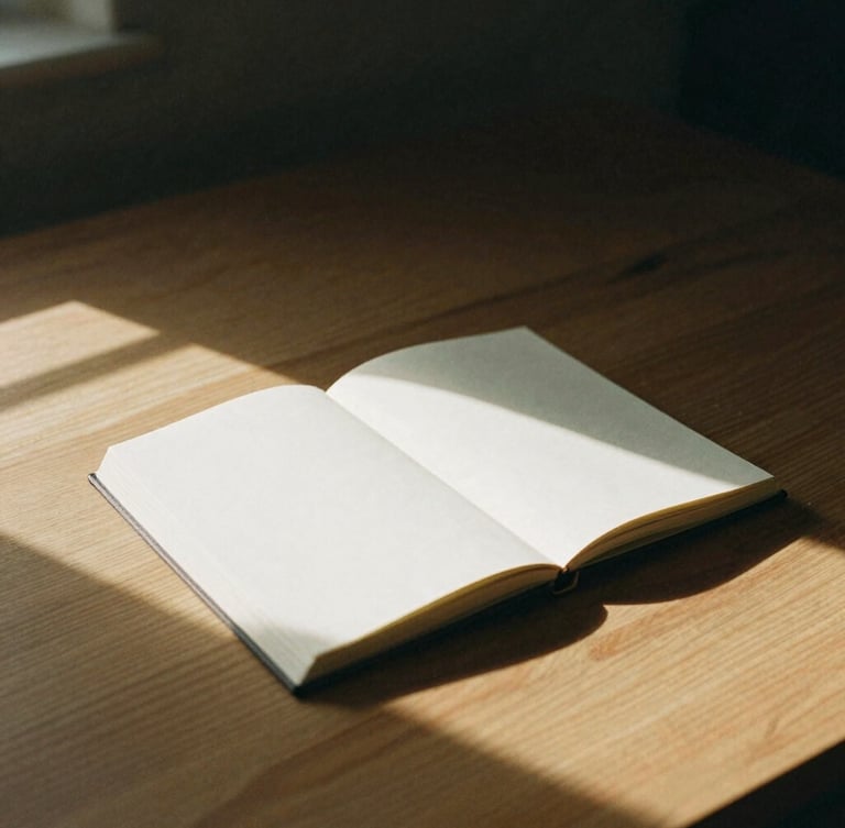 A minimalist desk in soft directional window light, an open notebook with clean margins, architectural shadows across warm wood, 35mm film.