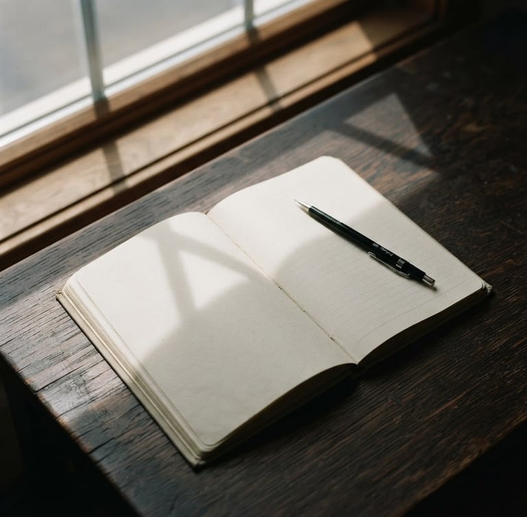 Soft directional window light hitting an open notebook on a dark oak desk, architectural shadows, minimalist composition, 35mm film