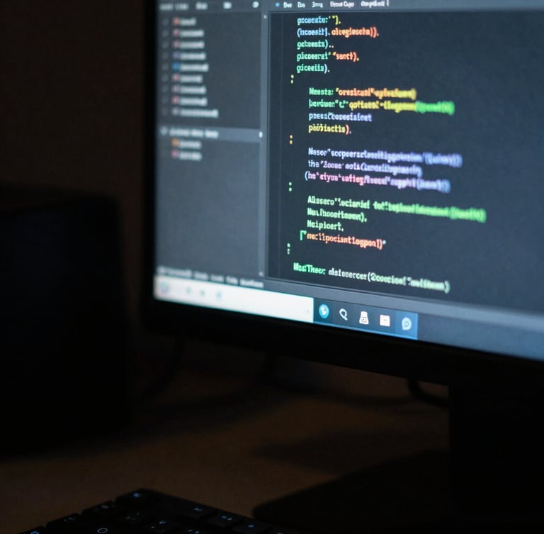 Macro close-up photography of a clean developer workstation in Bangkok, cool-toned low-key ambient lighting with a subtle green glow from a vertical monitor displaying clean code blocks, shallow depth of field
