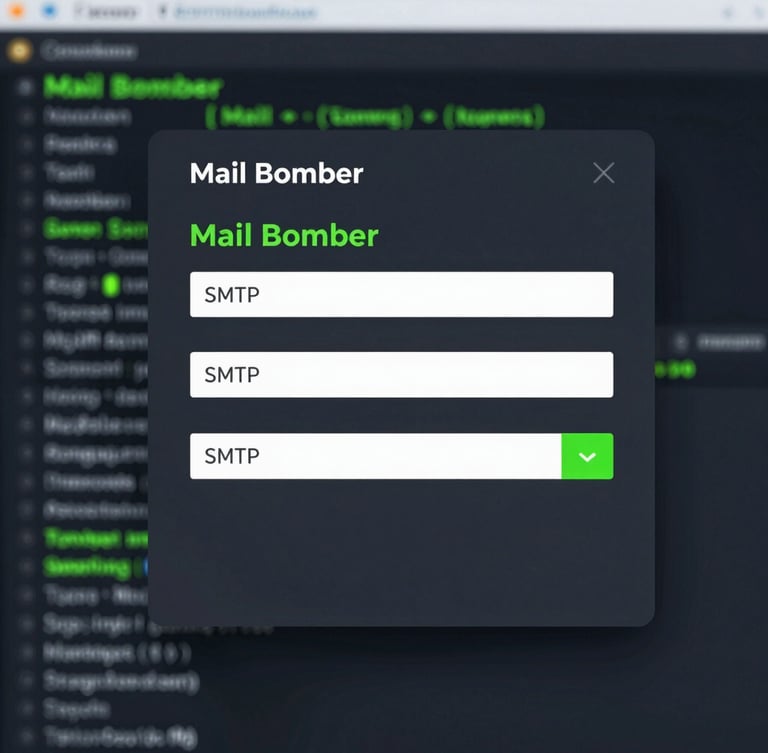 Flat-on screenshot of Mail Bomber configuration panel showing SMTP settings, clean dark-mode UI with terminal-green accents, macro depth of field