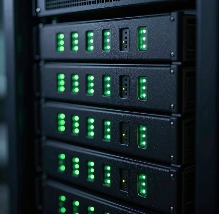 Close-up of clean server rack with blinking green lights, cool-toned low-key ambient lighting, sharp technical depth of field