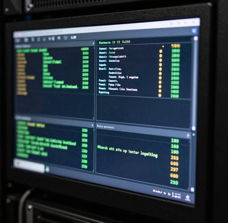 Direct macro close-up of a server rack workstation screen showing active network diagnostic readouts, low-key ambient glow, sharp technical details