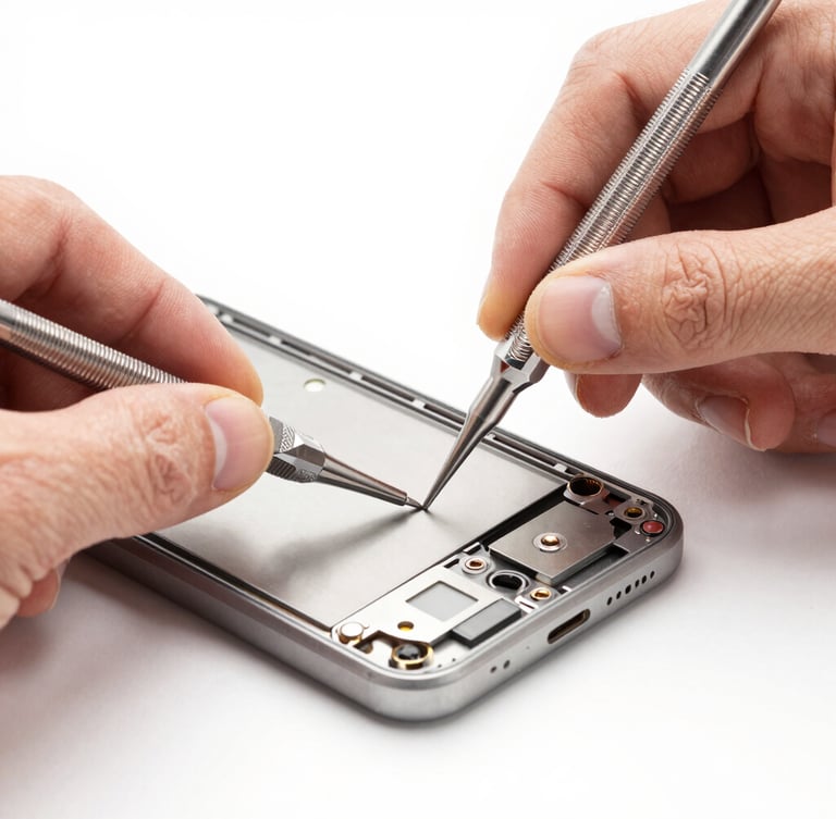 Macro shot of precise hand tools working on an open smartphone chassis, bright high-key commercial photography, clean natural daylight, sharp focus on technical details, neutral tones, 50mm lens