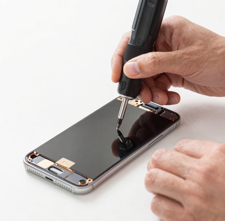 Macro shot of a certified technician's hands using a magnetic screwdriver to secure a new screen onto an open smartphone chassis, bright natural daylight, clean work mat