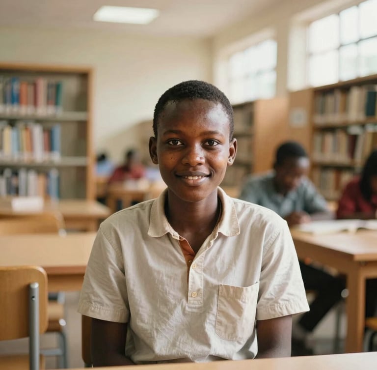 A candid, authentic portrait of a young East African student sitting in a bright modern library, soft natural daylight, warm golden-hour tones, 35mm
