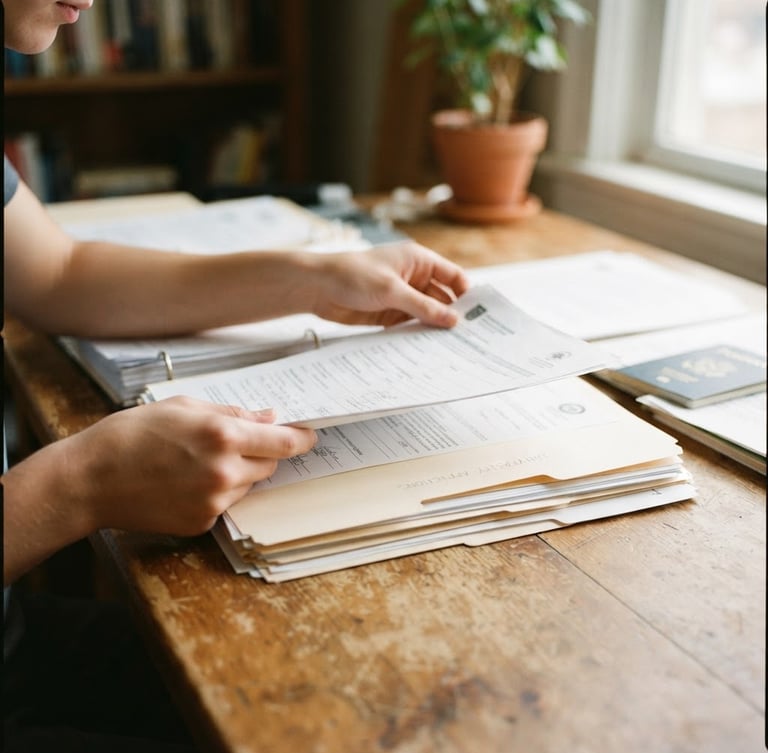A close-up of hands organizing university application documents on a wooden desk with soft natural daylight, shallow depth of field, 35mm