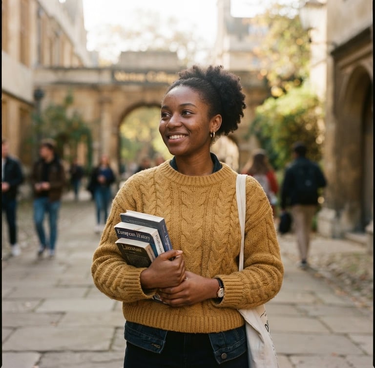 Authentic medium portrait of an African student in a knit sweater holding books on a historic European university campus, soft morning sunlight, shallow depth of field, 35mm