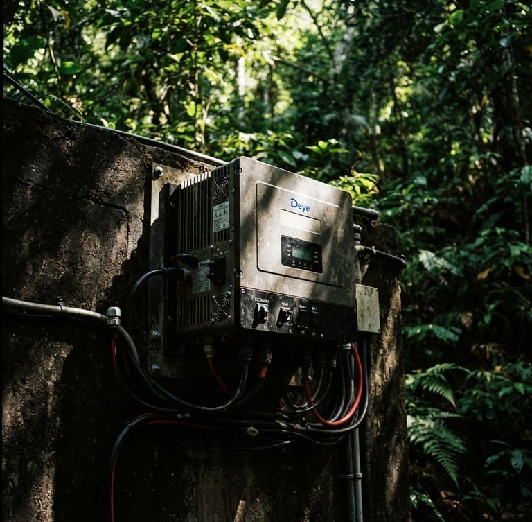 Close-up of a heavy-duty Deye hybrid inverter mounted on a dark concrete wall, dramatic tropical sunlight filtering through deep green jungle canopy, high-contrast, 35mm editorial photography.