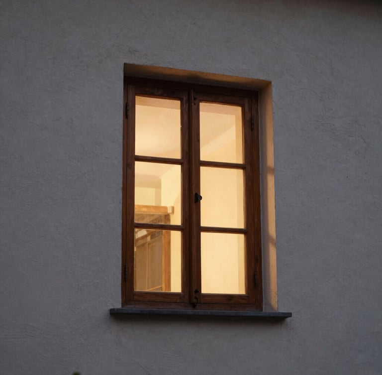 Tight architectural crop of a tall open wooden window at dusk, warm interior light spilling onto a textured plaster wall, soft shadows, editorial photography.