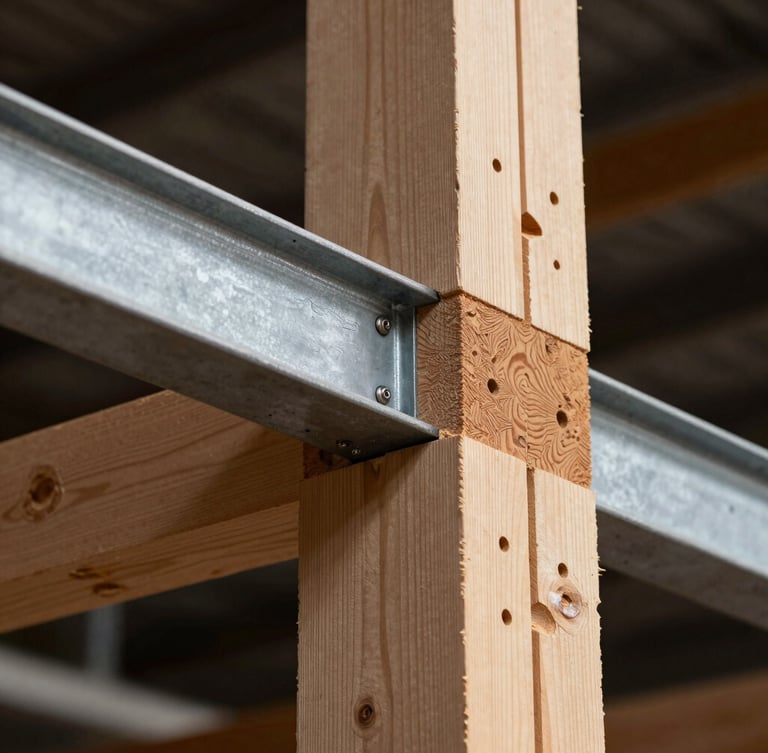 Close-up of precise timber framing joints meeting a steel beam, natural high-contrast side-lighting, architectural precision
