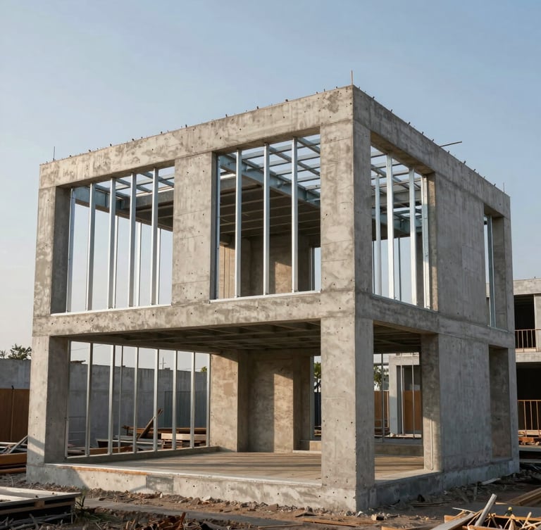 Straight-on architectural elevation of a modern residential concrete foundation and steel framing, natural morning site light, sharp geometric lines.