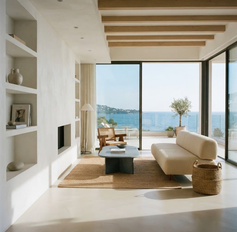 Architectural interior of a minimalist sunlit living room in Saint-Raphaël, soft coastal daylight reflecting on clean cream floors, high-end editorial 35mm