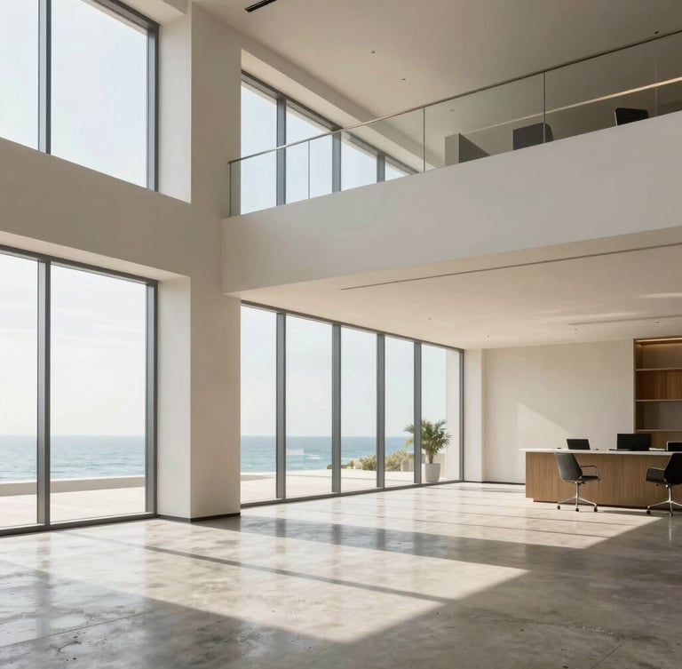 Architectural interior photography of a modern, sunlit corporate office lobby with clean lines, polished concrete floors, and minimalist design, soft coastal daylight streaming through wide windows.