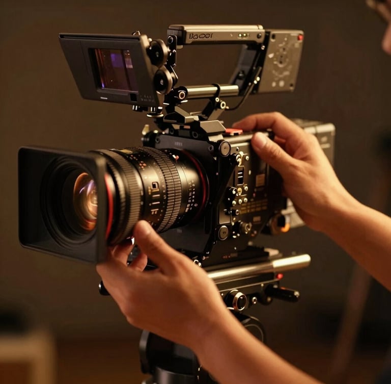 Close-up of hands adjusting a high-end cinema camera lens on a dimly lit production set, warm dramatic side lighting, rich rust tones, shallow depth of field, professional filmmaking