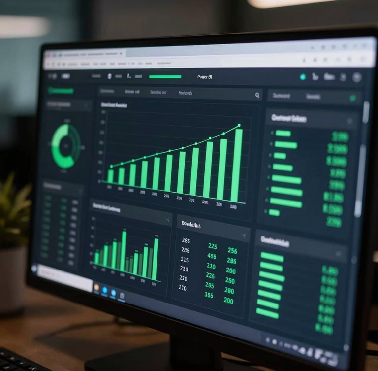 Close-up of a sleek Power BI dashboard displaying sales performance metrics, glowing neon green accents, dark ambient lighting, sharp focus on data visualizations, professional workspace background.