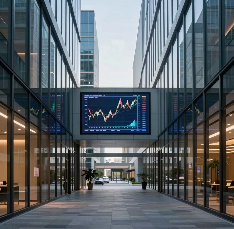 Wide shot of a modern corporate office interior, sleek glass walls, crisp cool daylight, a single financial chart displayed on a large screen in the background, sharp focus, 35mm.