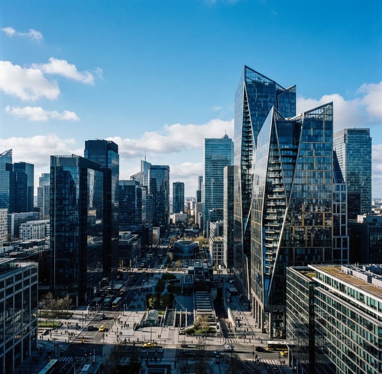 Wide panoramic view of a modern financial district with glass skyscrapers reflecting crisp blue sky, sharp focus on the right third, deep navy tones, cool daylight, 35mm