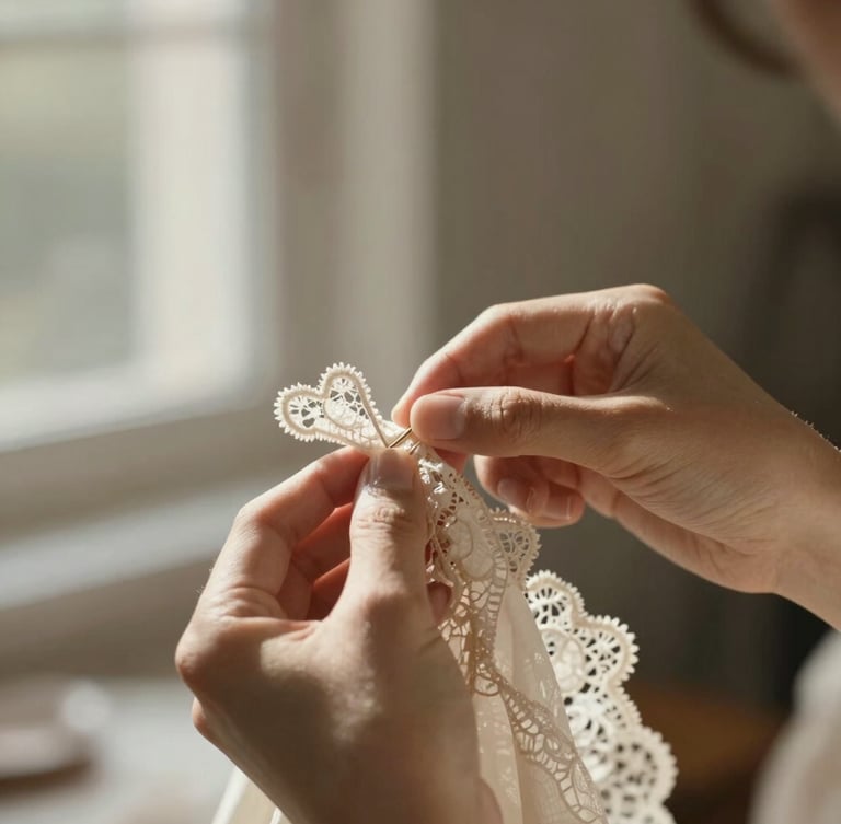 Macro shot of delicate silk and lace being pinned with precision, soft warm morning light casting gentle shadows, elegant atelier setting, shallow depth of field