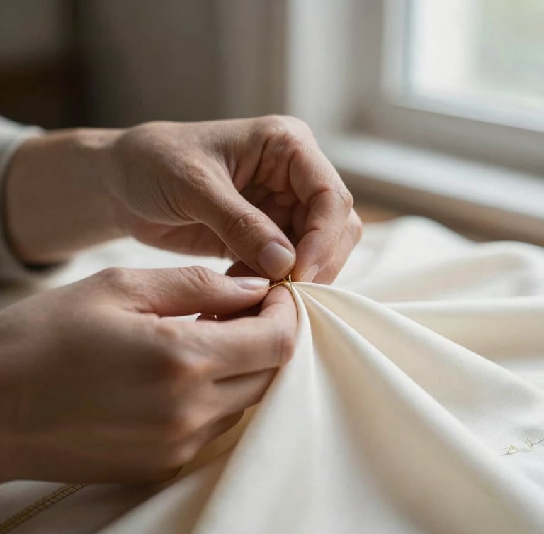 Macro shot of a master tailor's hands stitching delicate gold thread into vintage ivory silk, soft natural window light, muted tones, shallow depth of field