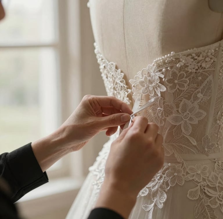 Close-up of professional tailor hands pinning a delicate lace wedding gown on a mannequin, soft warm window light, elegant cream tones, shallow depth of field, portrait aspect