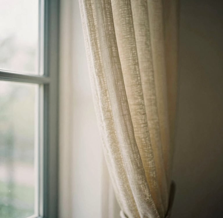 Close-up of elegant linen curtains hanging in front of a large window with soft natural sunlight streaming through, warm editorial photography, shallow depth of field, 35mm