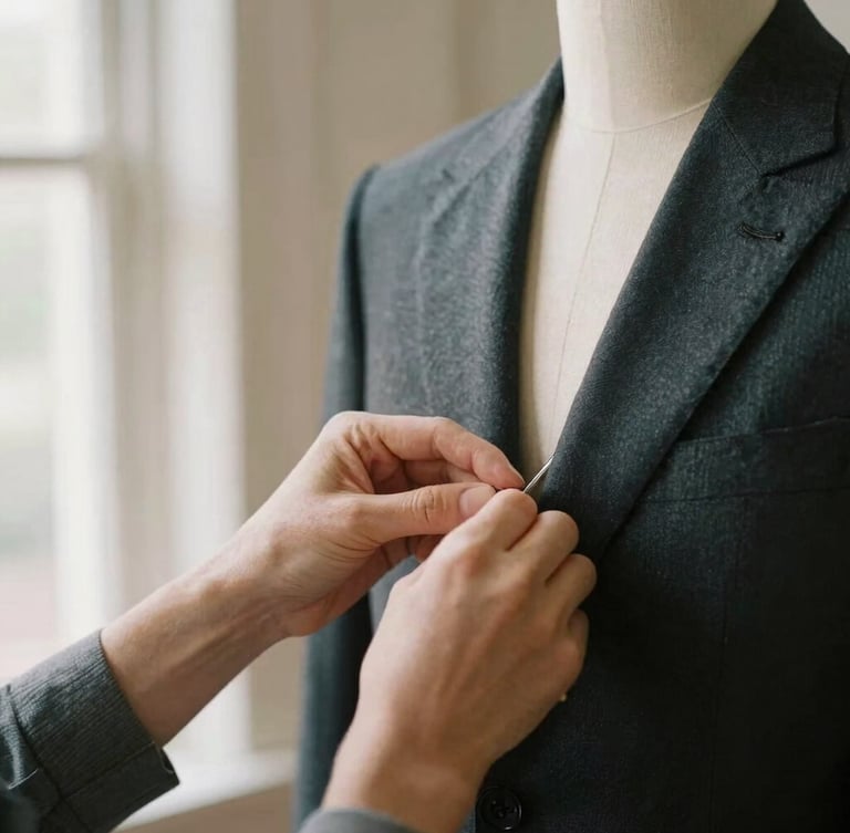 Close-up shot of tailor hands pinning a charcoal wool suit jacket on a mannequin, warm natural light coming from a side window, shallow depth of field, 35mm photography