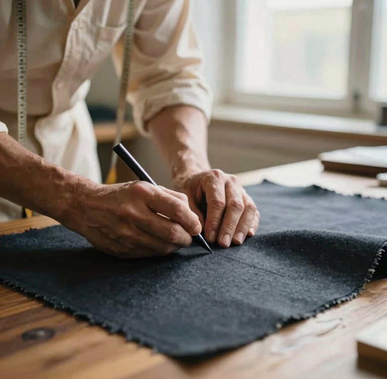 Close-up of a master tailor's hands chalking dark wool fabric on a wooden table, warm natural window light, shallow depth of field, 35mm editorial photography