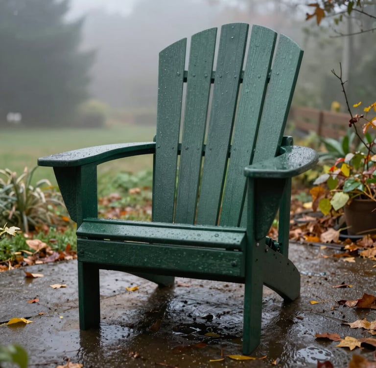 Low-angle hero shot of a heavy-set dark forest green Adirondack chair in a misty, damp garden setting, autumn leaves on the wet ground, overcast daylight, shallow depth of field, 35mm
