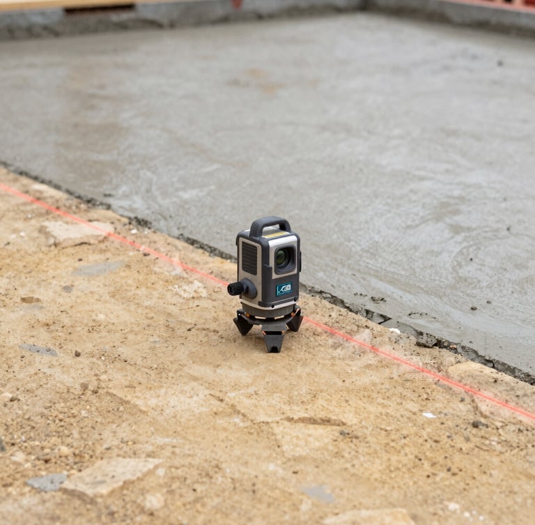 Close-up of a laser level mounted on a tripod casting a red line across a freshly poured concrete foundation, wet cement texture, overcast daylight