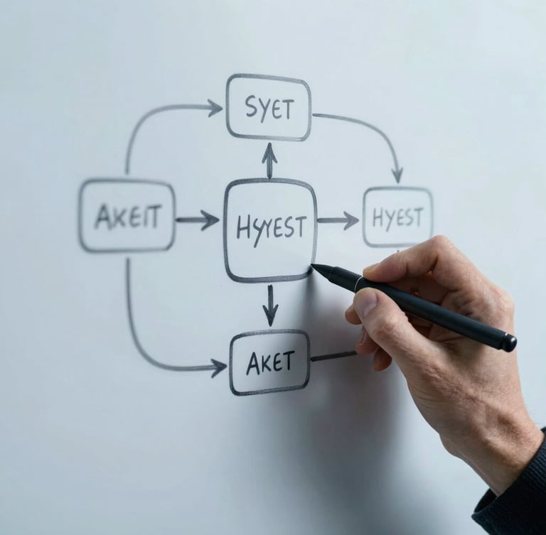 Close-up of hands sketching a simplified system integration diagram on a clean whiteboard, sharp focus, cool studio lighting, slate and blue tones