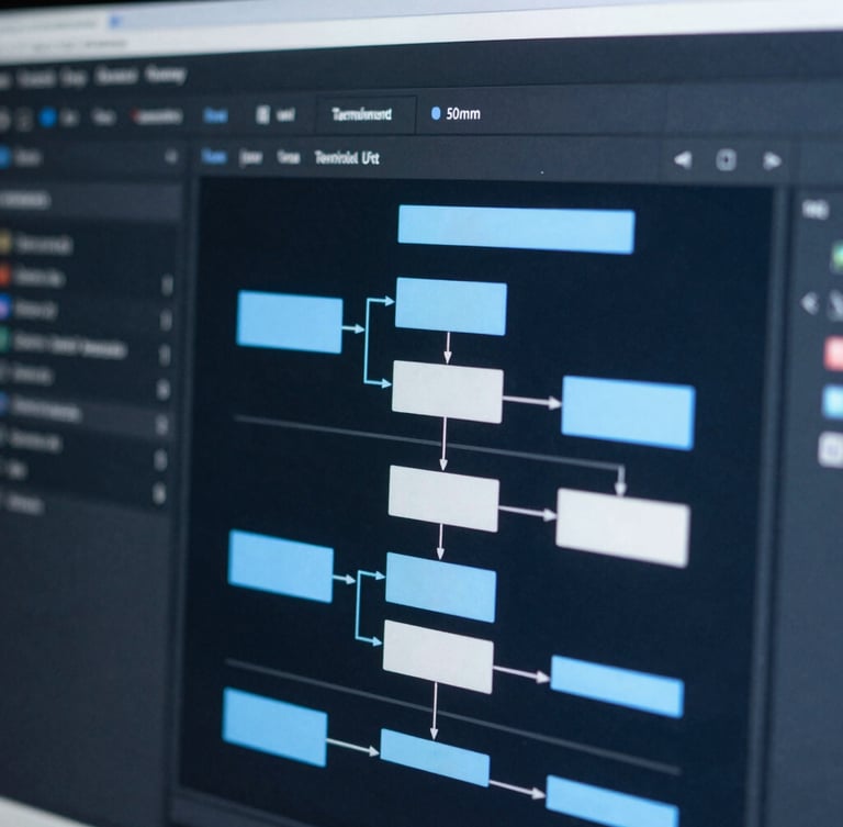 Macro close-up of a crisp terminal interface displaying clean system architecture diagrams, cool focused studio light, deep slate and blue tones, 50mm