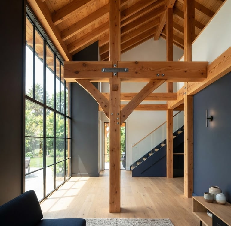 Crisp architectural photography of clean timber framing in a modern residential home addition, bright natural window light flooding the structural elements, straight-on craftsmanship detail.